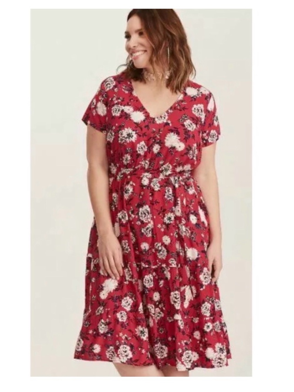 Floral V-Neck Short Sleeve Dress in Deep Pink